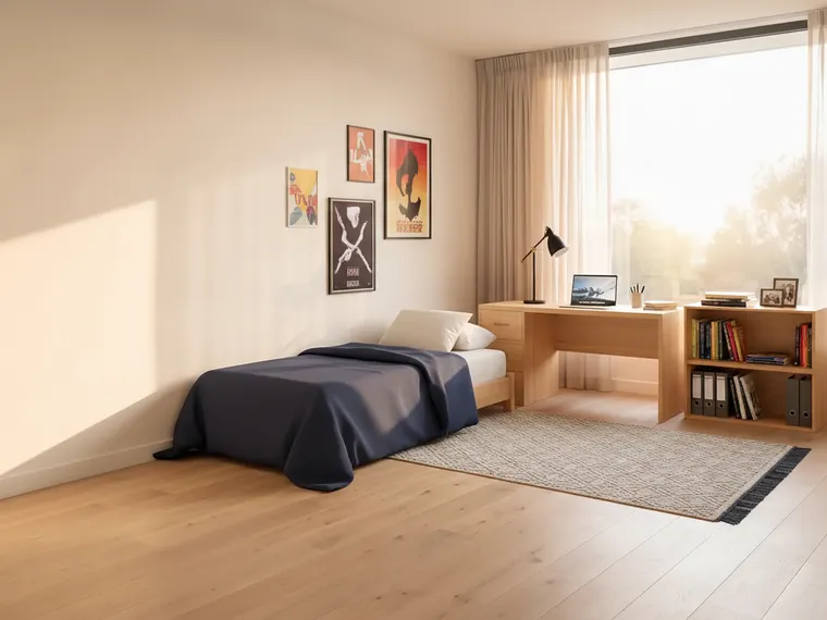 Dorm room layout idea: twin bed with navy duvet along the wall, wooden desk with lamp under the window, bookshelf and posters