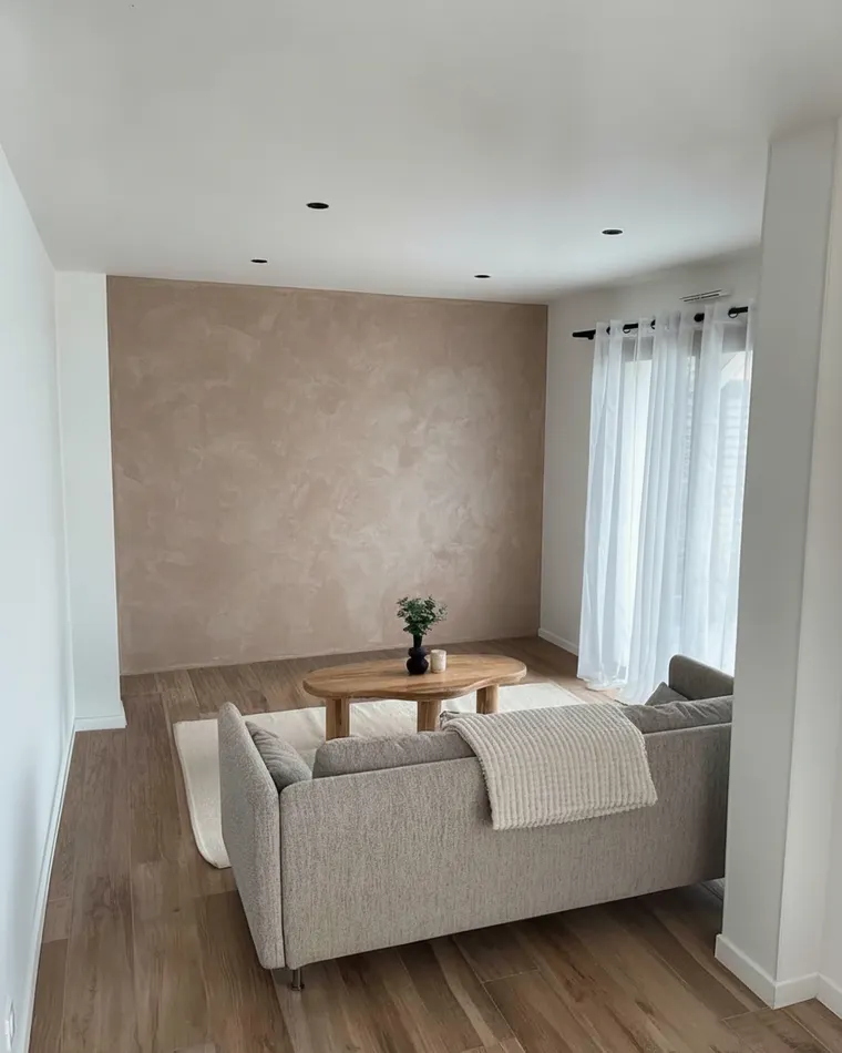 Textured accent wall idea: warm taupe limewash plaster finish with cloudy brush texture on a living room wall