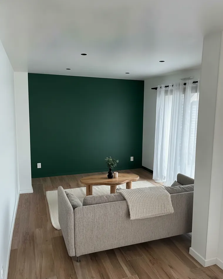 Green accent wall living room idea: deep forest green painted wall behind a grey sofa, white walls either side