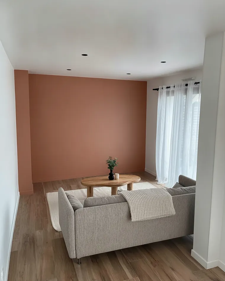 Warm living room paint colour: terracotta clay walls with a grey sofa, oak floor and sheer white curtains