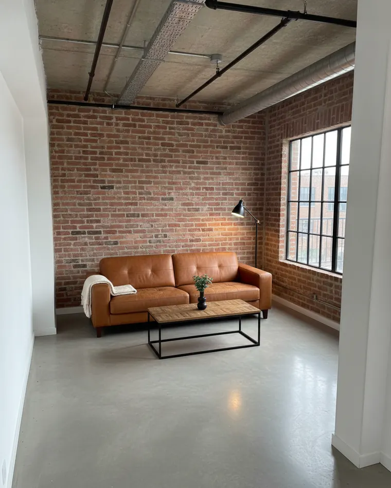Industrial living room idea: exposed red brick wall, black steel grid window, polished concrete floor, exposed duct, cognac leather sofa