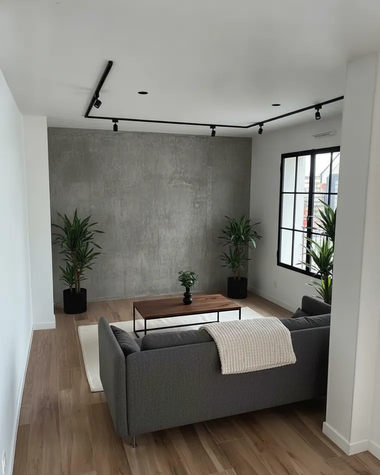 Modern industrial living room idea: raw concrete feature wall, black track lighting, black steel window, charcoal sofa, walnut and steel coffee table, plants