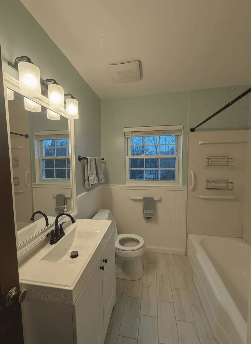 Same bathroom transformed with sea glass green walls, white beadboard tub surround, and light wood-look floors