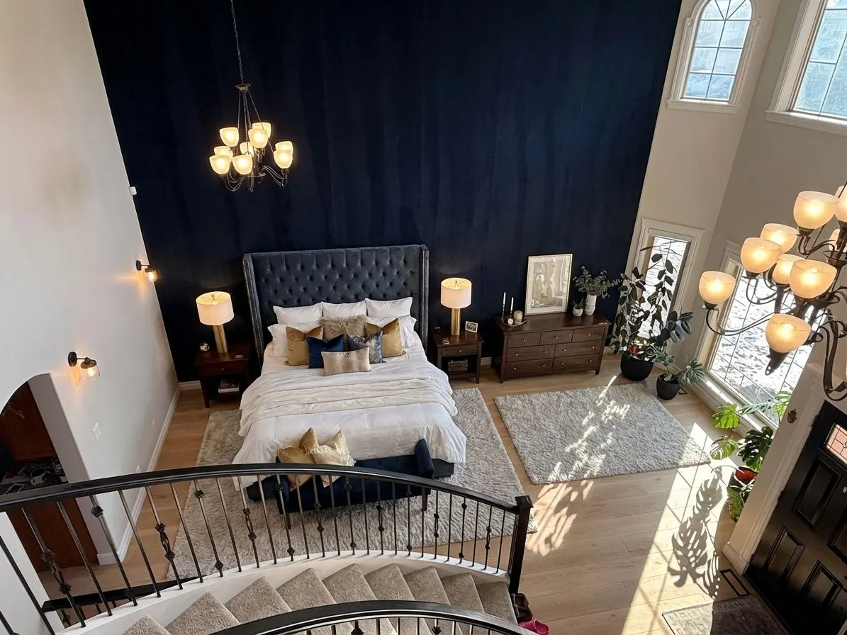 Luxury hotel-style bedroom with velvet headboard designed by AI