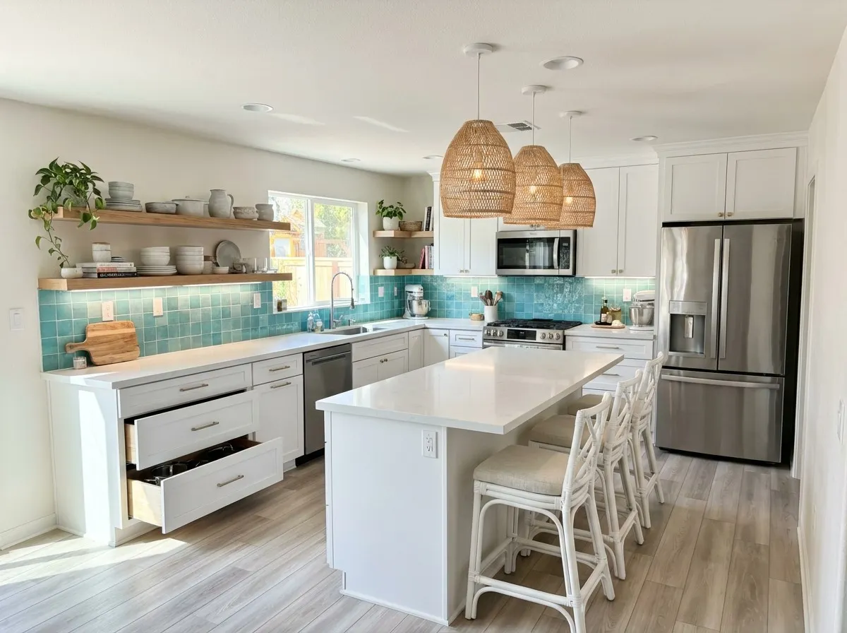 Bright kitchen render with white cabinets, turquoise zellige backsplash, and rattan pendants, layout unchanged