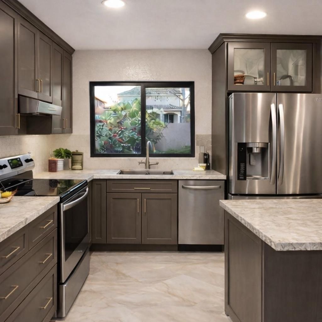 Original kitchen with gray cabinets and black-frame window