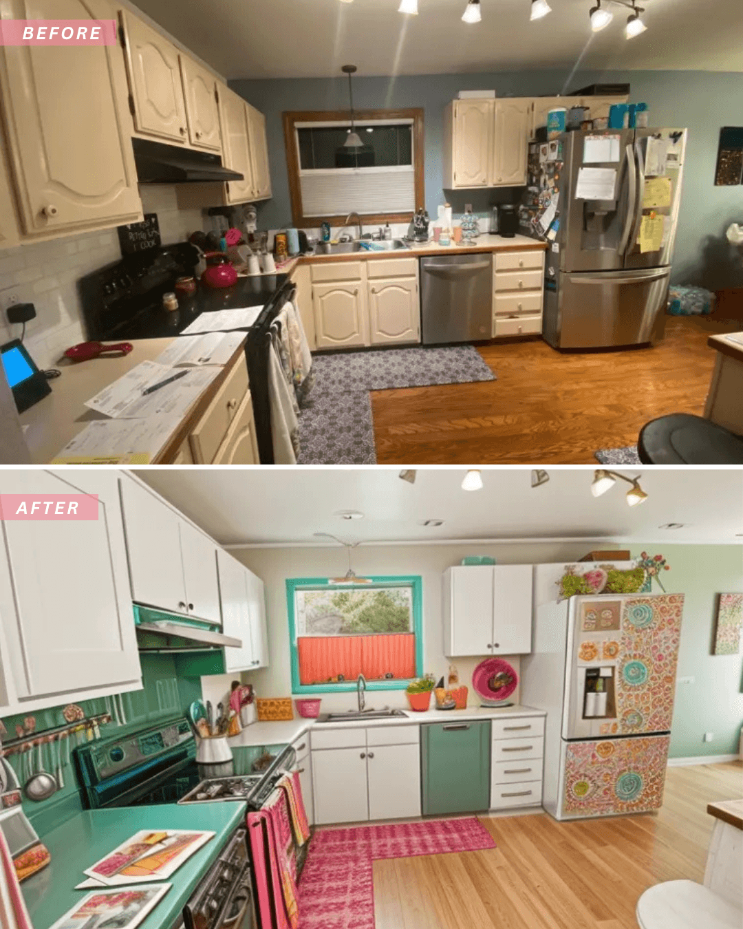 Before and after AI kitchen makeover with updated cabinet colors