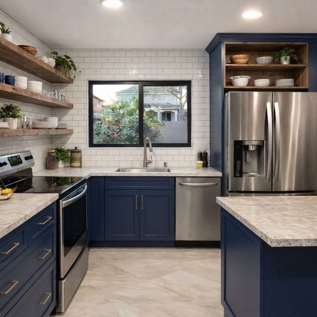 Same kitchen renovated with navy blue cabinets and open shelving