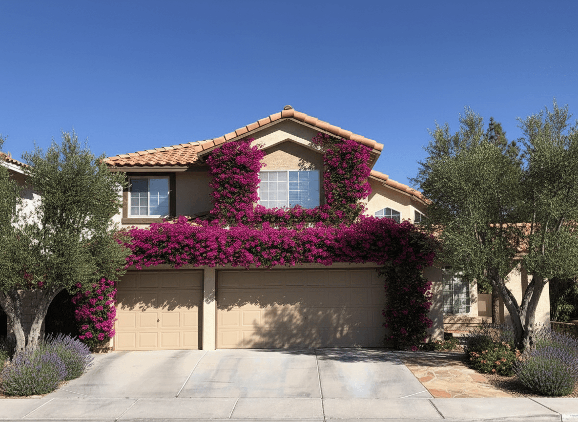 Same house with lush Mediterranean landscaping including bougainvillea, olive trees, and lavender