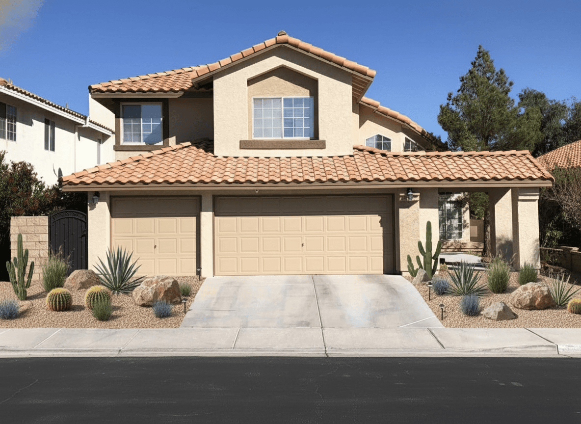 Same house with modern desert landscaping featuring agave, cacti, boulders, and gravel beds