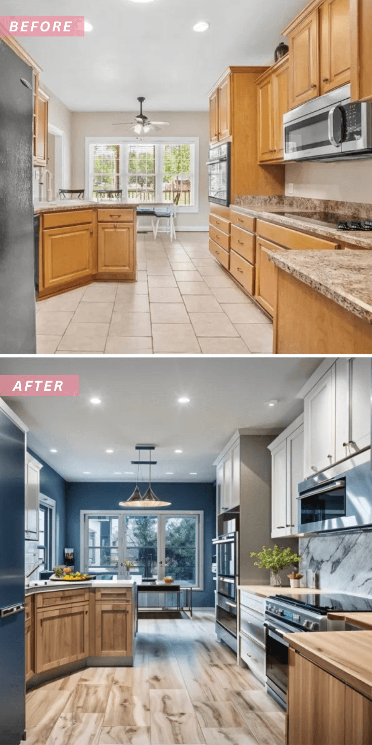 Before and after AI remodel of residential home exterior