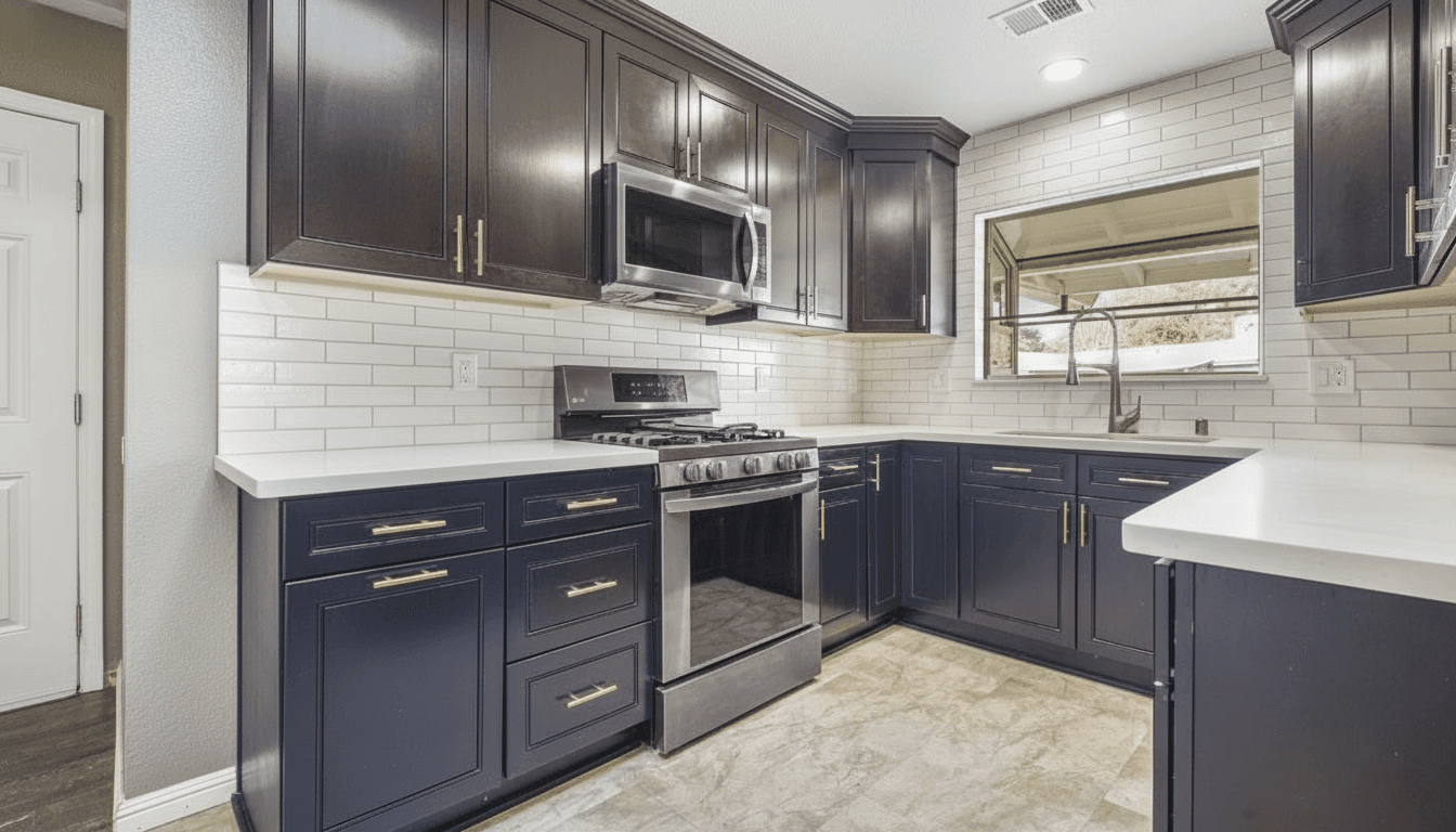 Same kitchen with navy blue cabinets and brushed gold hardware
