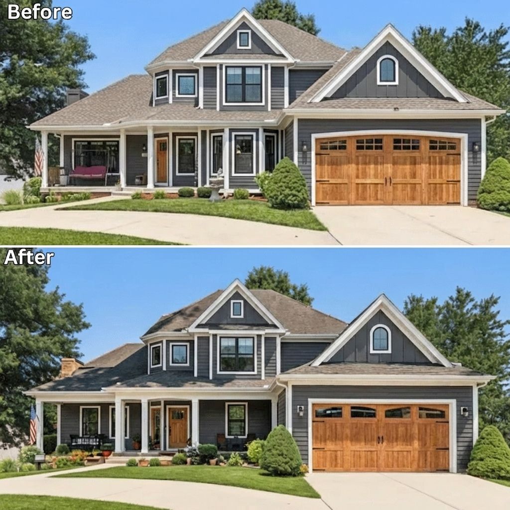 Charcoal gray modern farmhouse exterior with white trim designed by AI