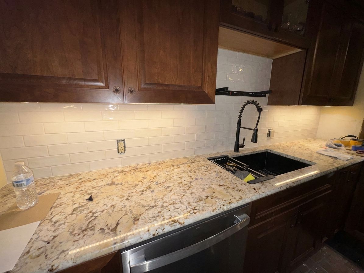 White Subway Tile with Cherry Cabinets: How to Tell It's Working Before the Grout Dries