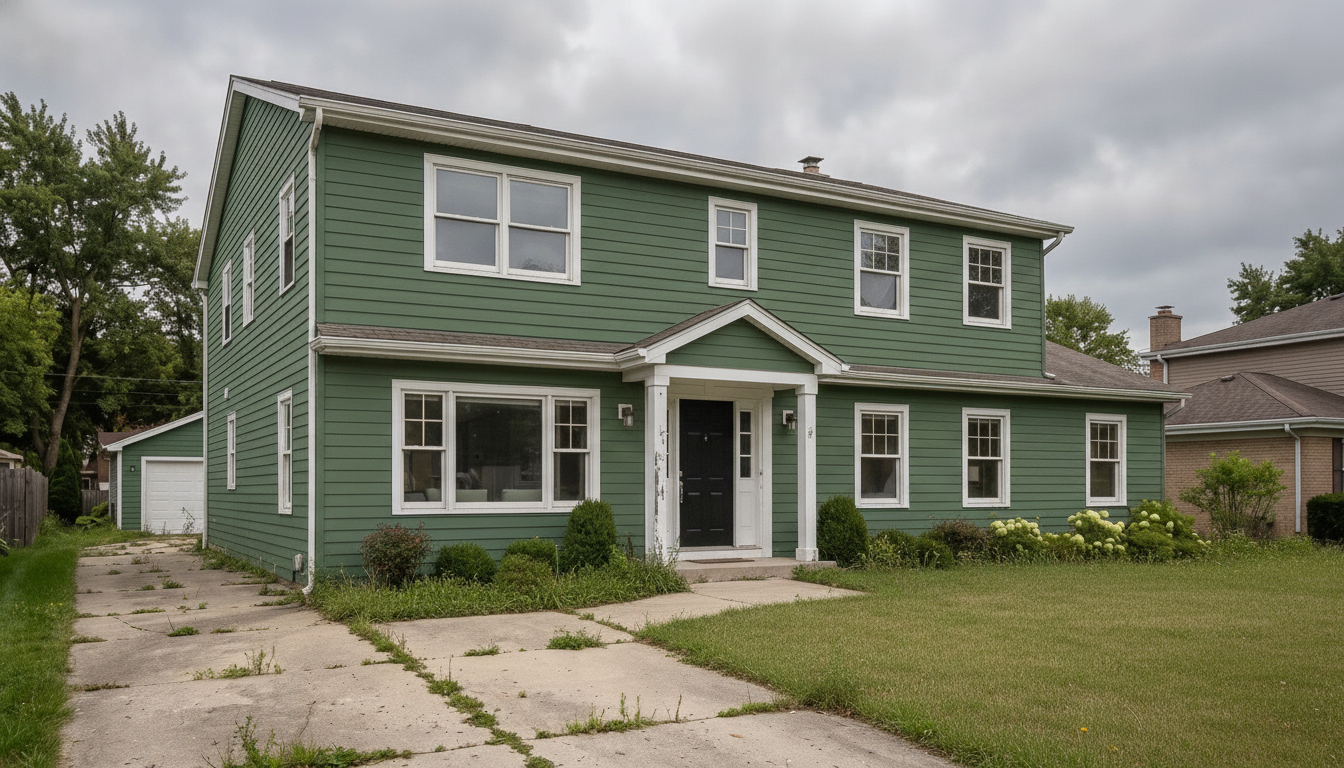 The same two-storey house repainted deep sage green with crisp white trim and a black front door