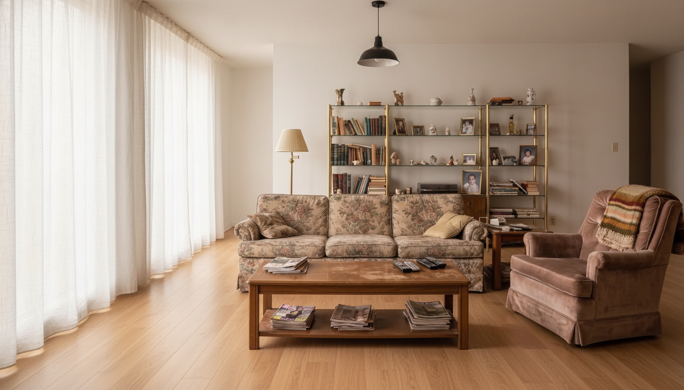 The same living room with pale oak flooring, white walls, white linen curtains and a black pendant, with the original sofa, armchair, coffee table and brass shelving kept in place