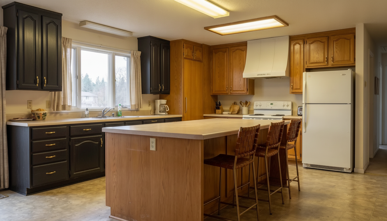 The same kitchen with only the left-hand run of cabinets painted matte black while the rest remain honey oak