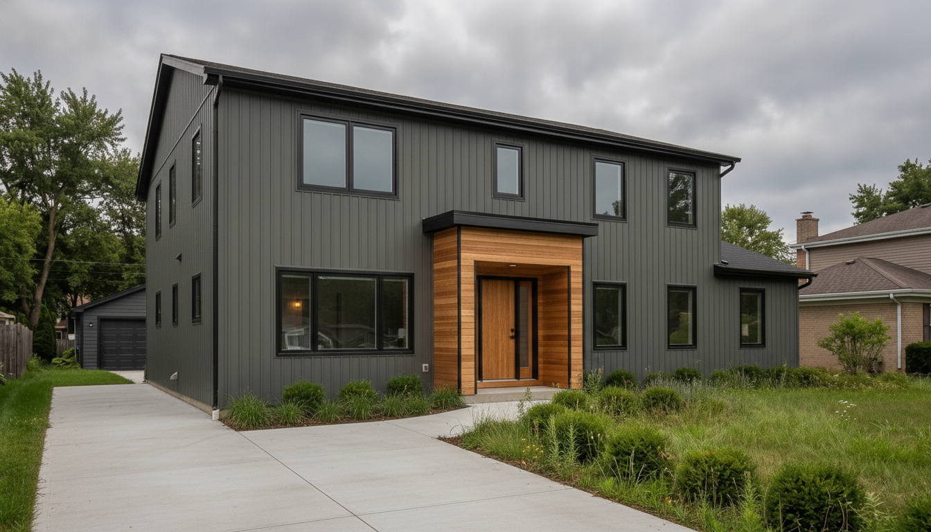 The same house rebuilt as a modern dark exterior with charcoal vertical siding, a cedar entry surround and black windows
