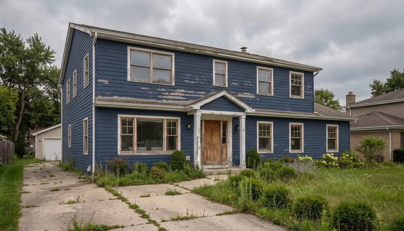 The same house repainted deep navy blue with white trim, a natural wood front door and black porch lanterns