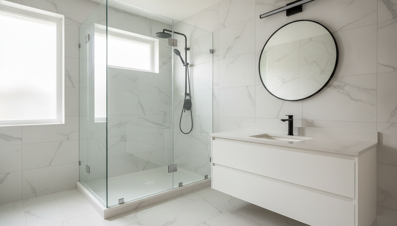 The same bathroom rebuilt as a modern white marble spa bathroom with a frameless glass walk-in shower and a floating vanity