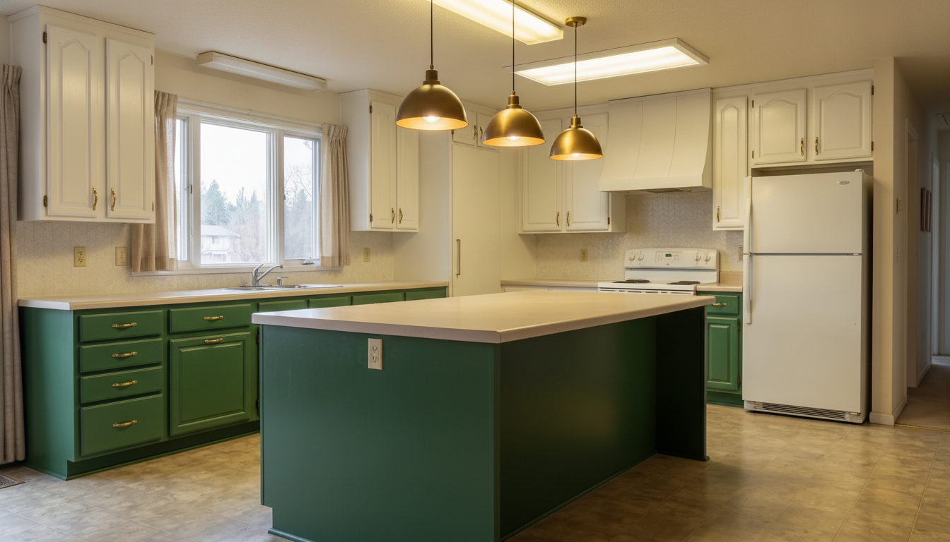 The same kitchen in a two-tone scheme with deep green lower cabinets, white upper cabinets and three brass dome pendants