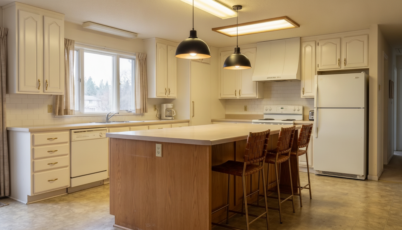 The same kitchen with cabinets painted creamy white, a white subway tile backsplash and two black dome pendants over the island