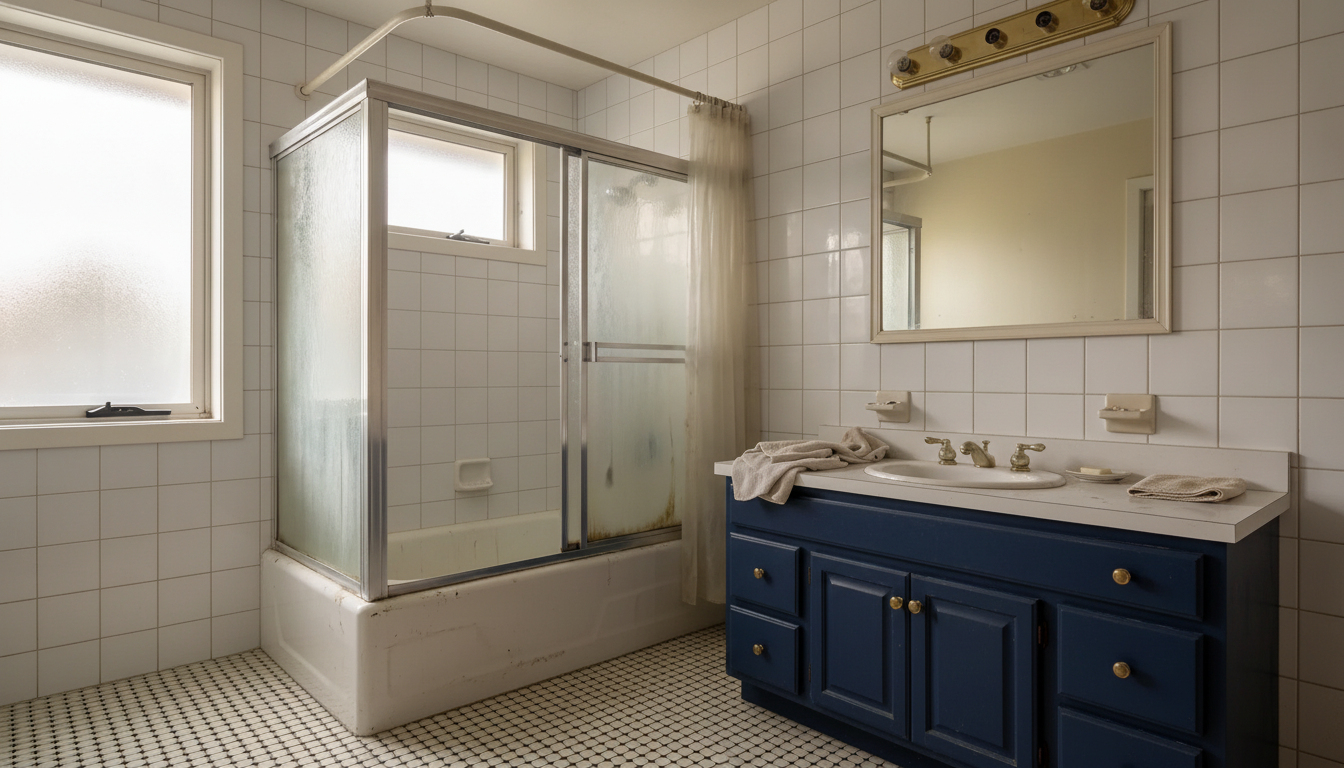 The same bathroom with a navy blue vanity, white wall tile and a black and white mosaic floor, with the original tub and shower doors kept