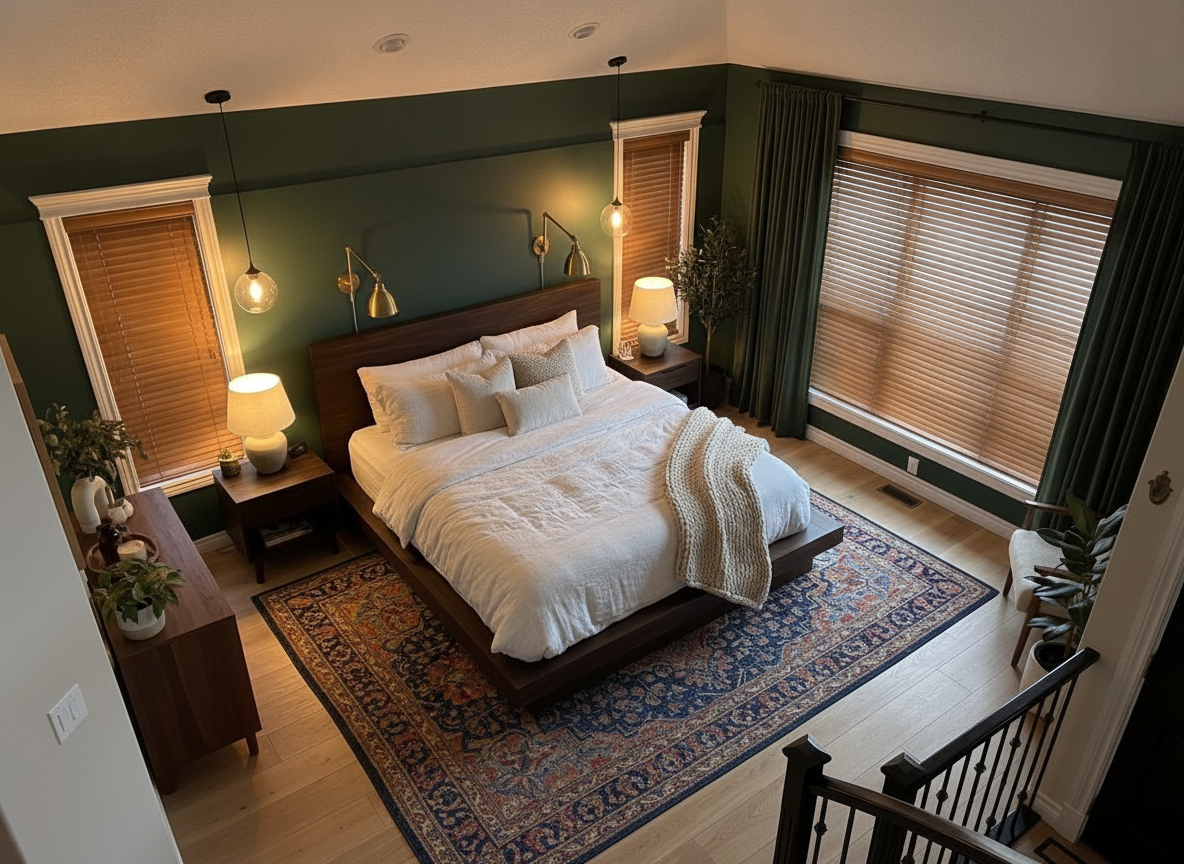 The same bedroom with deep forest green walls, brass swing-arm reading lights, a walnut bed and a patterned vintage rug