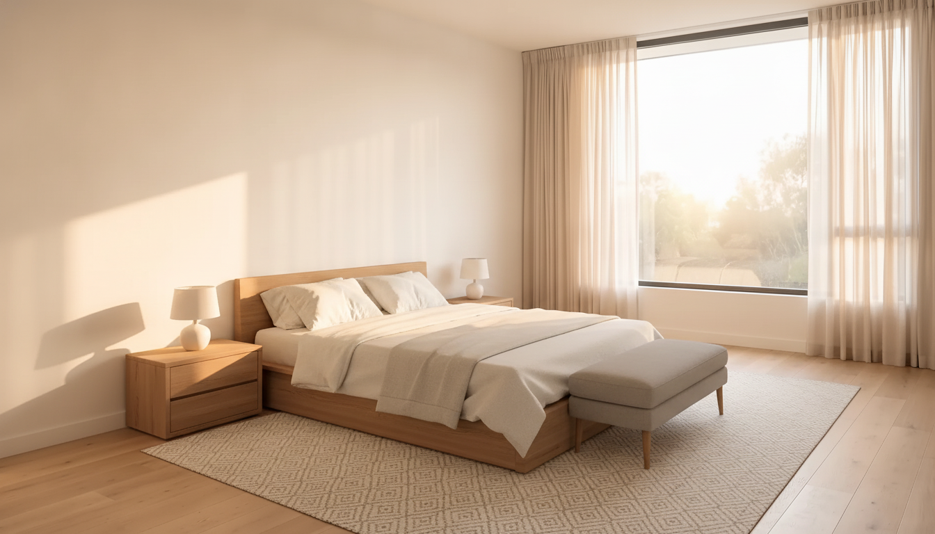 The same empty room furnished as a calm modern bedroom with a low oak platform bed and white linen bedding