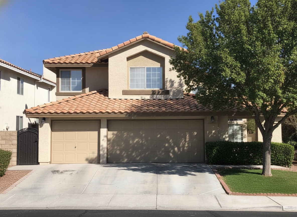 The same house with a classic green front yard — full lawn, a mature shade tree by the driveway, low evergreen hedges and a brick-edged bed