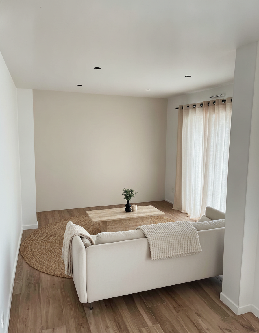 The same living room furnished in warm minimalist style — boucle sofa, travertine coffee table, jute rug and linen curtains