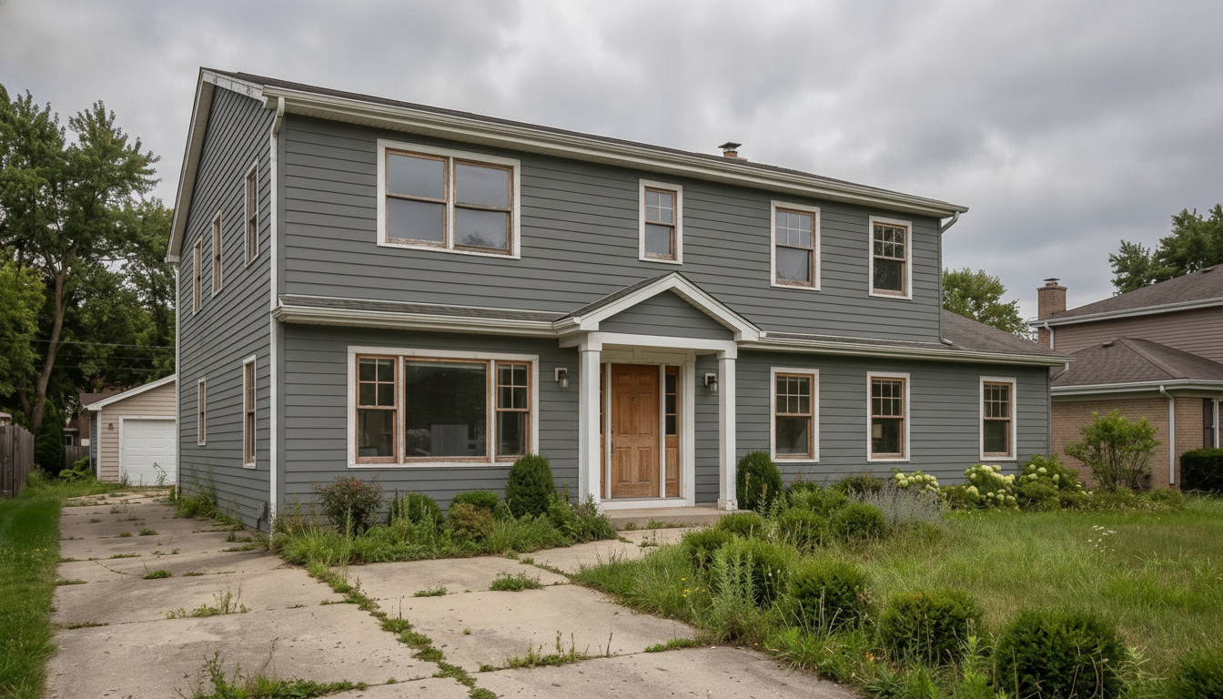 House exterior render, charcoal siding, wood door, from the before-photo shown