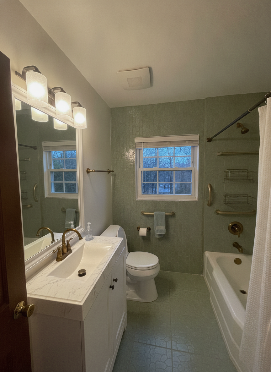 Bathroom design tool render — sage zellige — and a miss