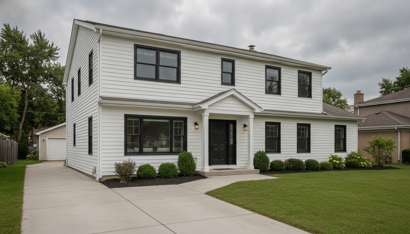 House exterior render, modern farmhouse, from the before-photo shown