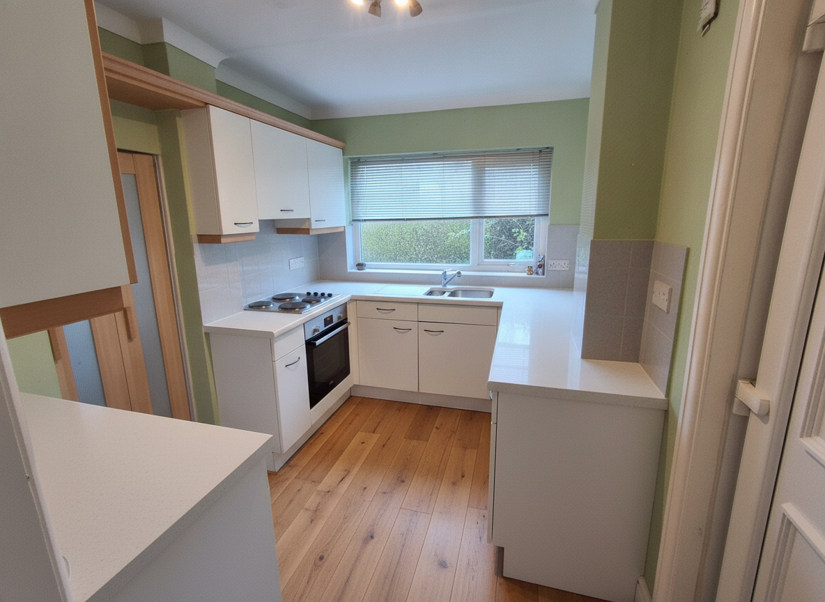 The same galley kitchen with white cabinets, white counters and warm oak flooring, counters cleared