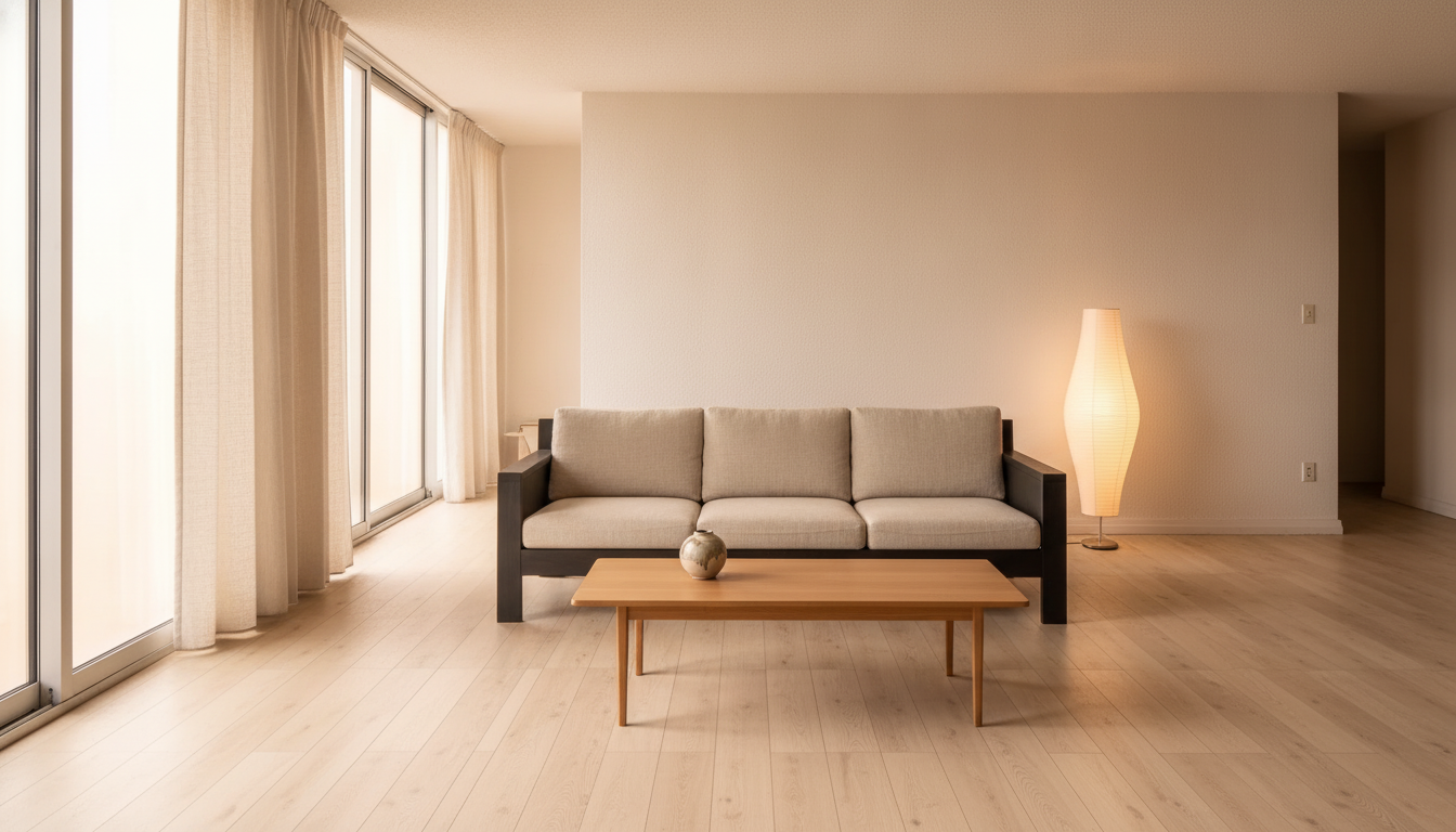 The same 1980s living room redesigned in a japandi interior design style