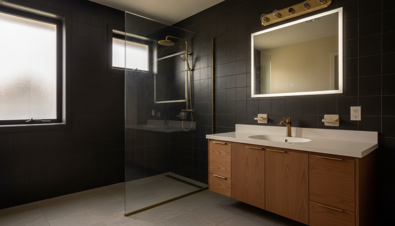 Bathroom render, dark modern, brass fixtures, from the before-photo shown