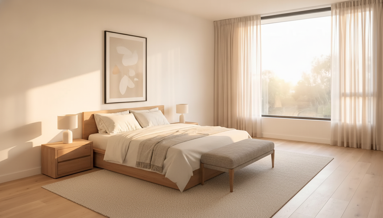 Bedroom render, calm modern, from an empty room, from the before-photo shown
