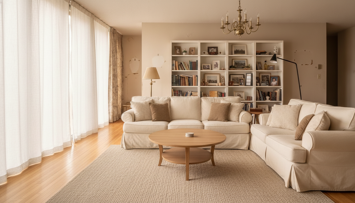 Living room render, cozy transitional, from the before-photo shown