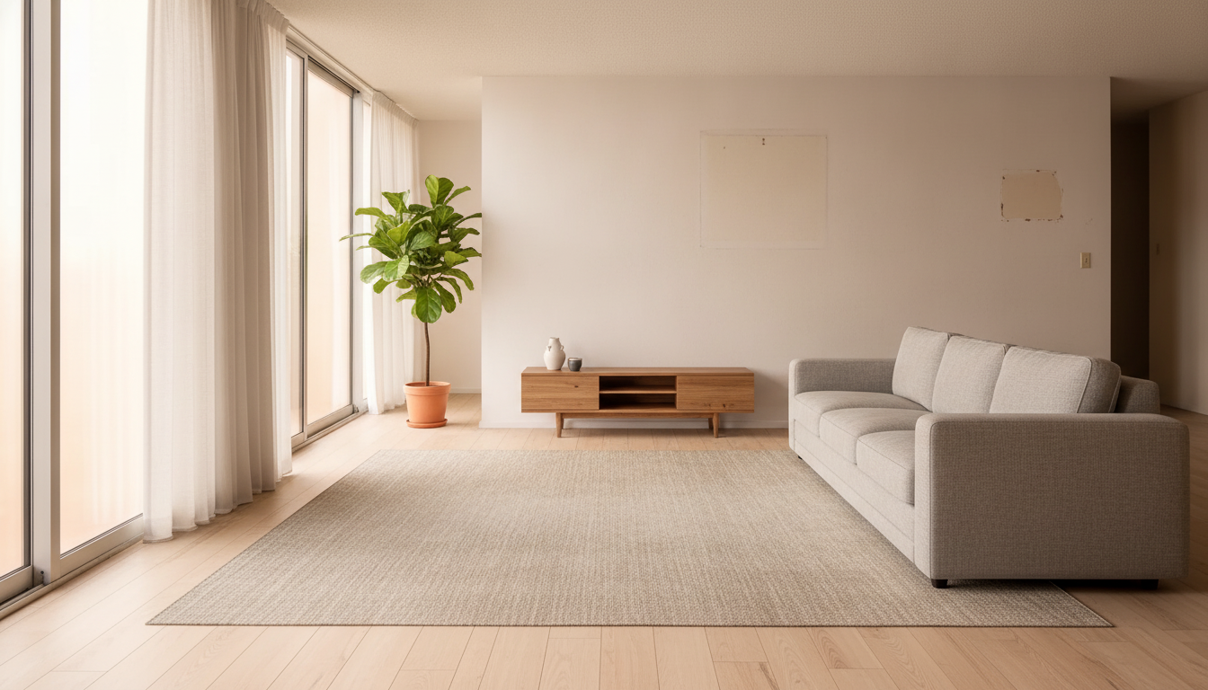 Living room render, modern minimalist, from the before-photo shown