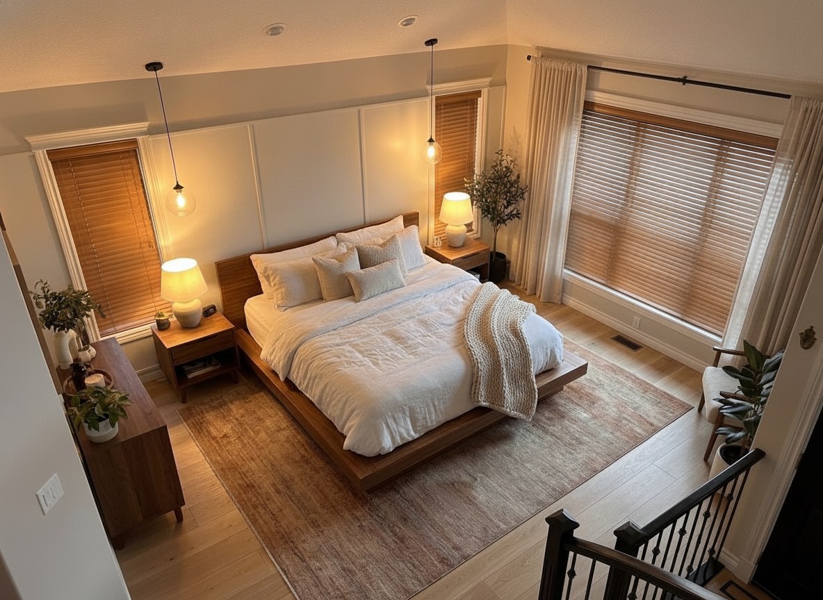 The same bedroom with the wood accent wall painted soft white, every piece of furniture and every light unchanged