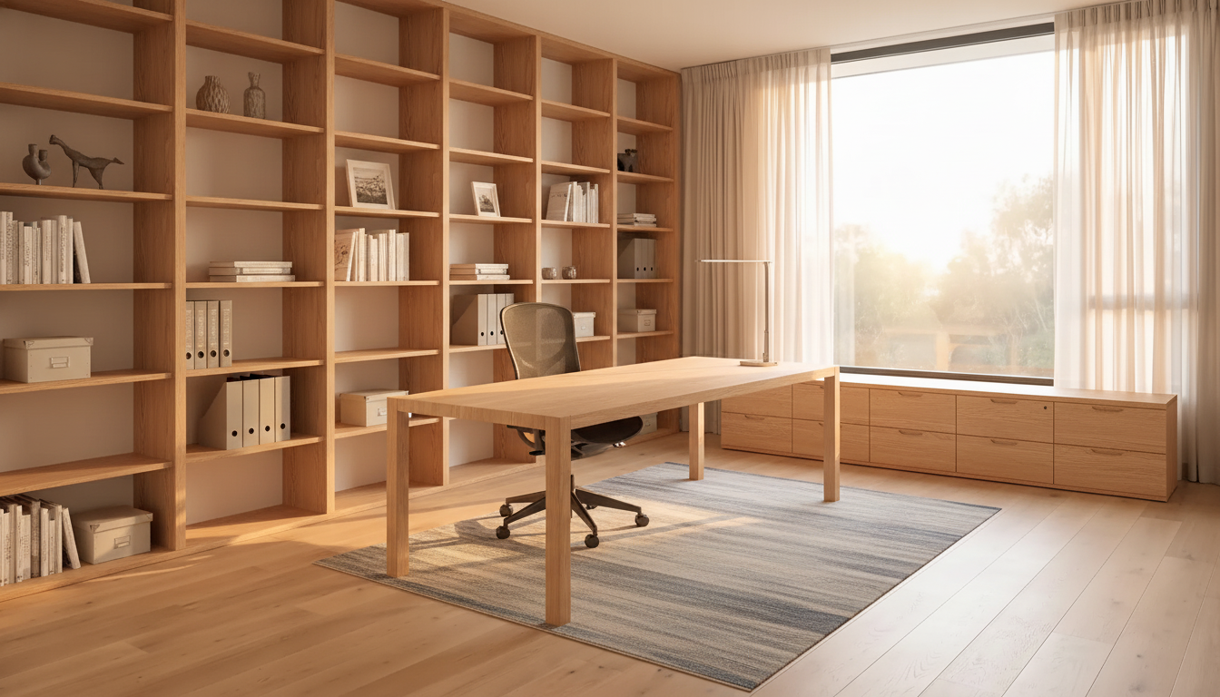 The same empty room furnished as a home office with a wide oak desk facing the window and floor-to-ceiling shelving