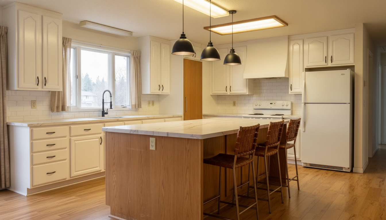 Kitchen render, white shaker, black hardware, from the before-photo shown