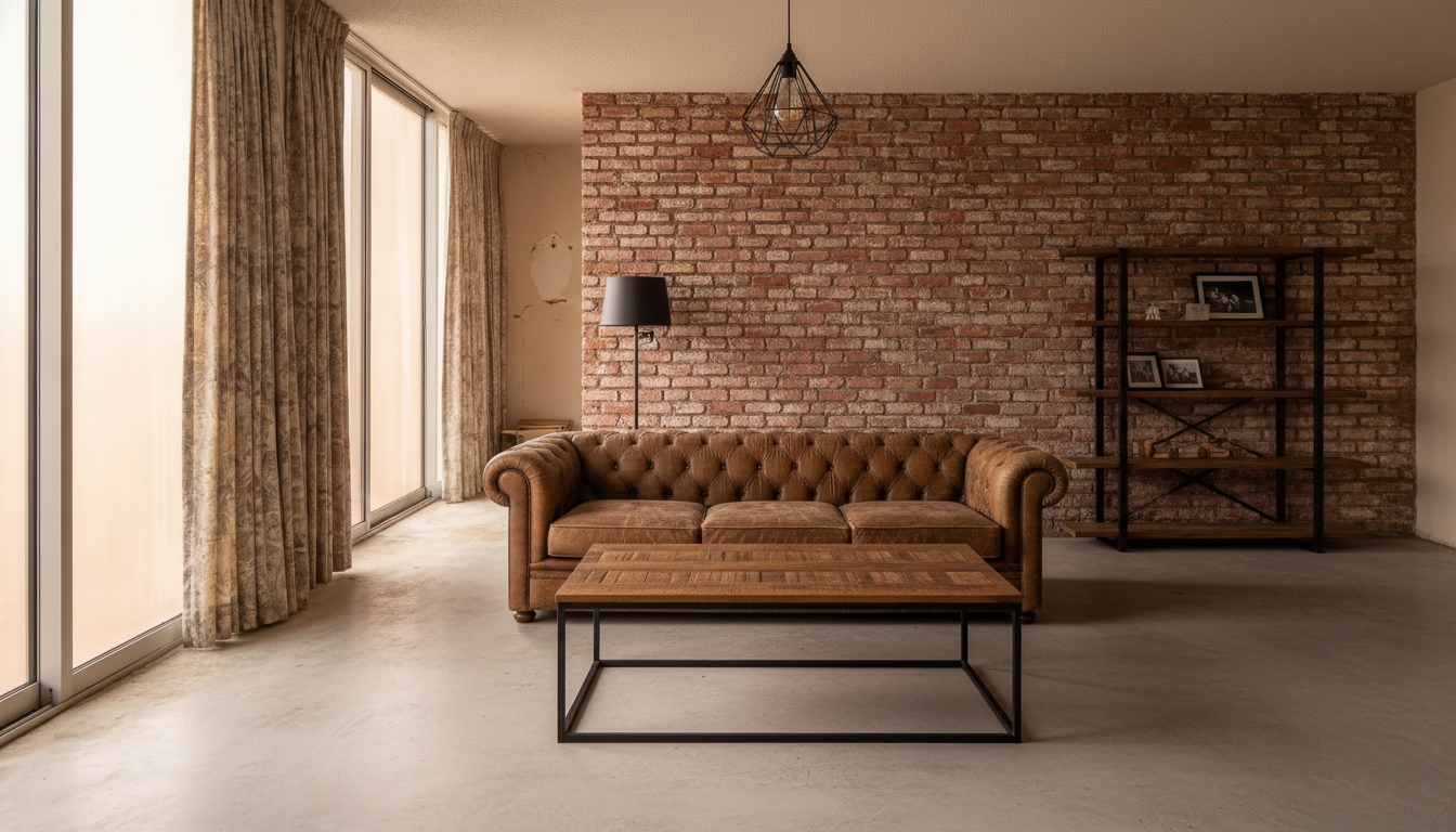 The same 1980s living room redesigned in a industrial interior design style