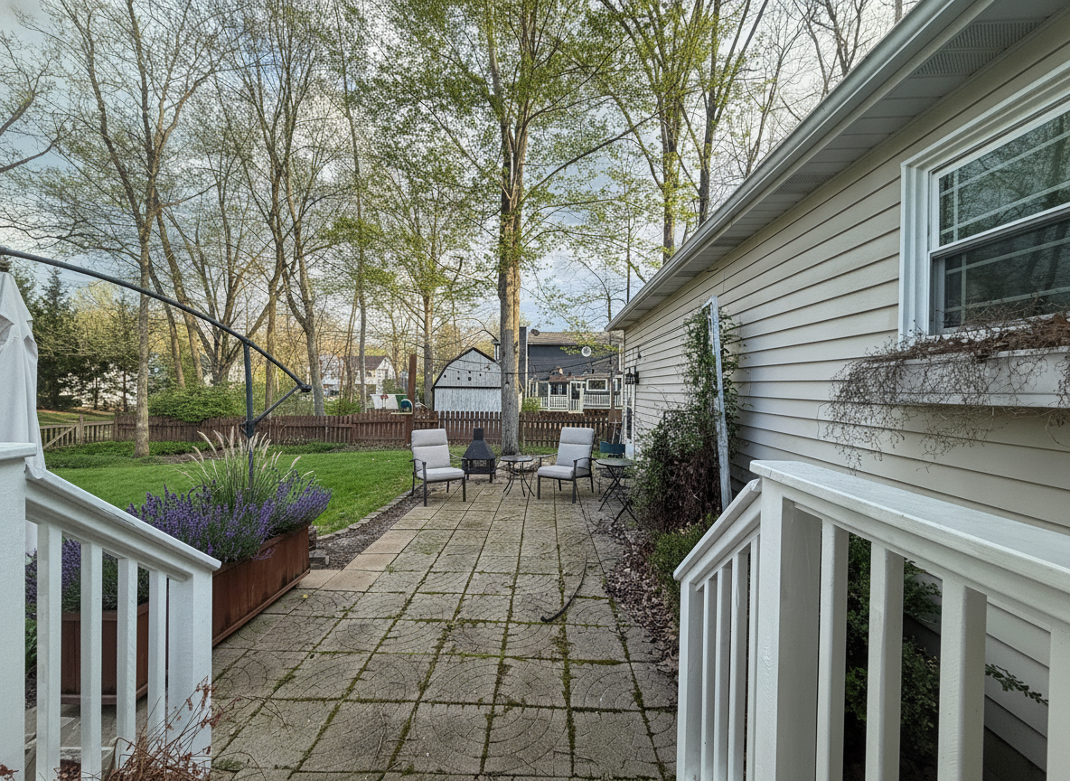Backyard design render — tidy what is there — and a miss