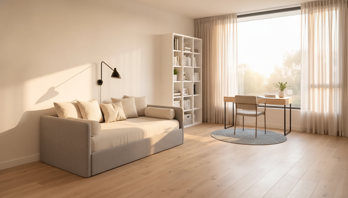 The same empty room furnished as a combined guest room and office with a compact daybed and a narrow desk under the window