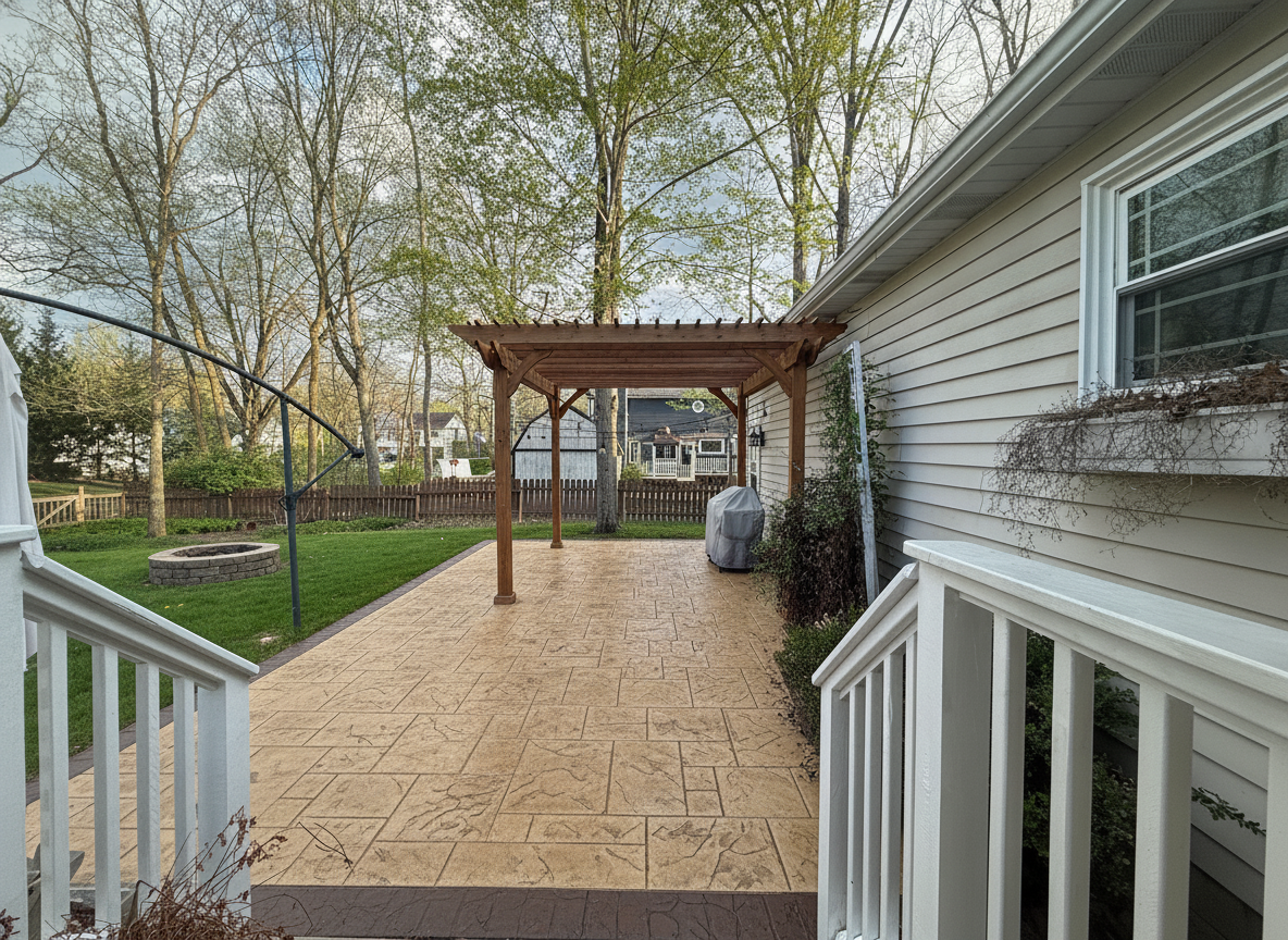 A cracked paver patio resurfaced in warm tan stamped concrete with a cedar pergola and a built-in stone fire pit