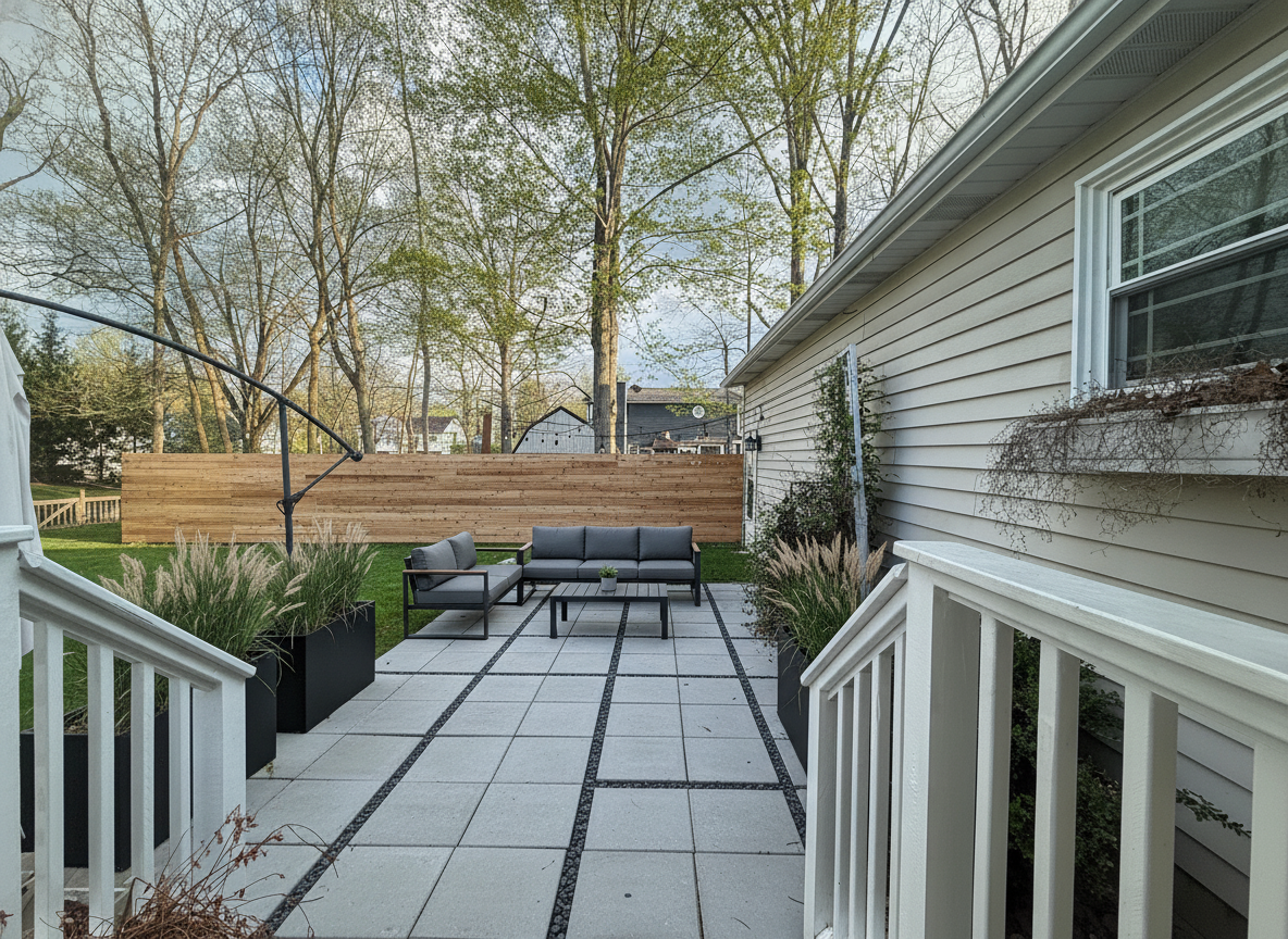 Backyard design render — low maintenance