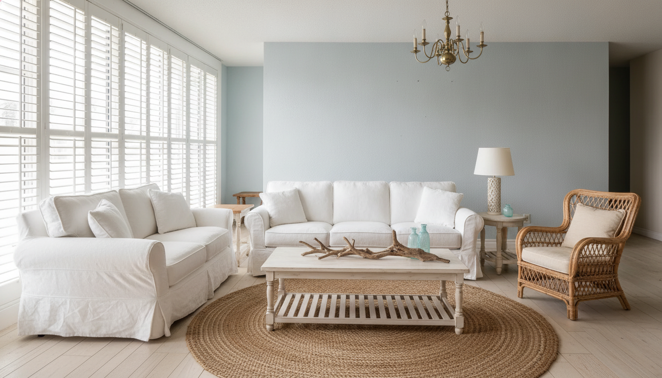 The same 1980s living room redesigned in a coastal interior design style