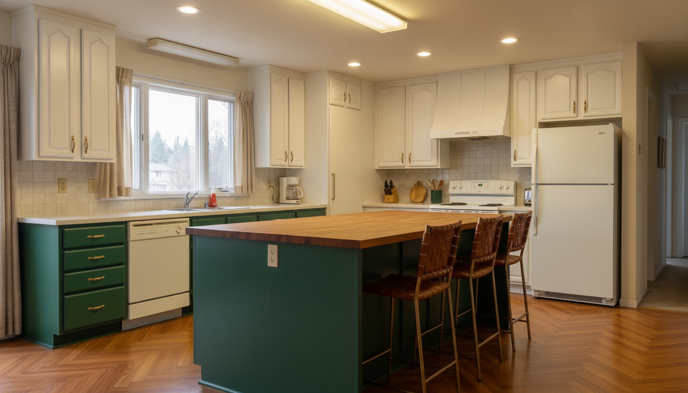 Kitchen render, green and white two-tone, from the before-photo shown
